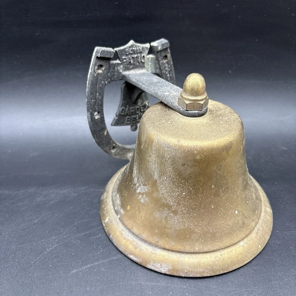 Vintage BEVIN Patio Cast Iron Brass Garden Bell Wall Mount Horse Shoe Farmhouse